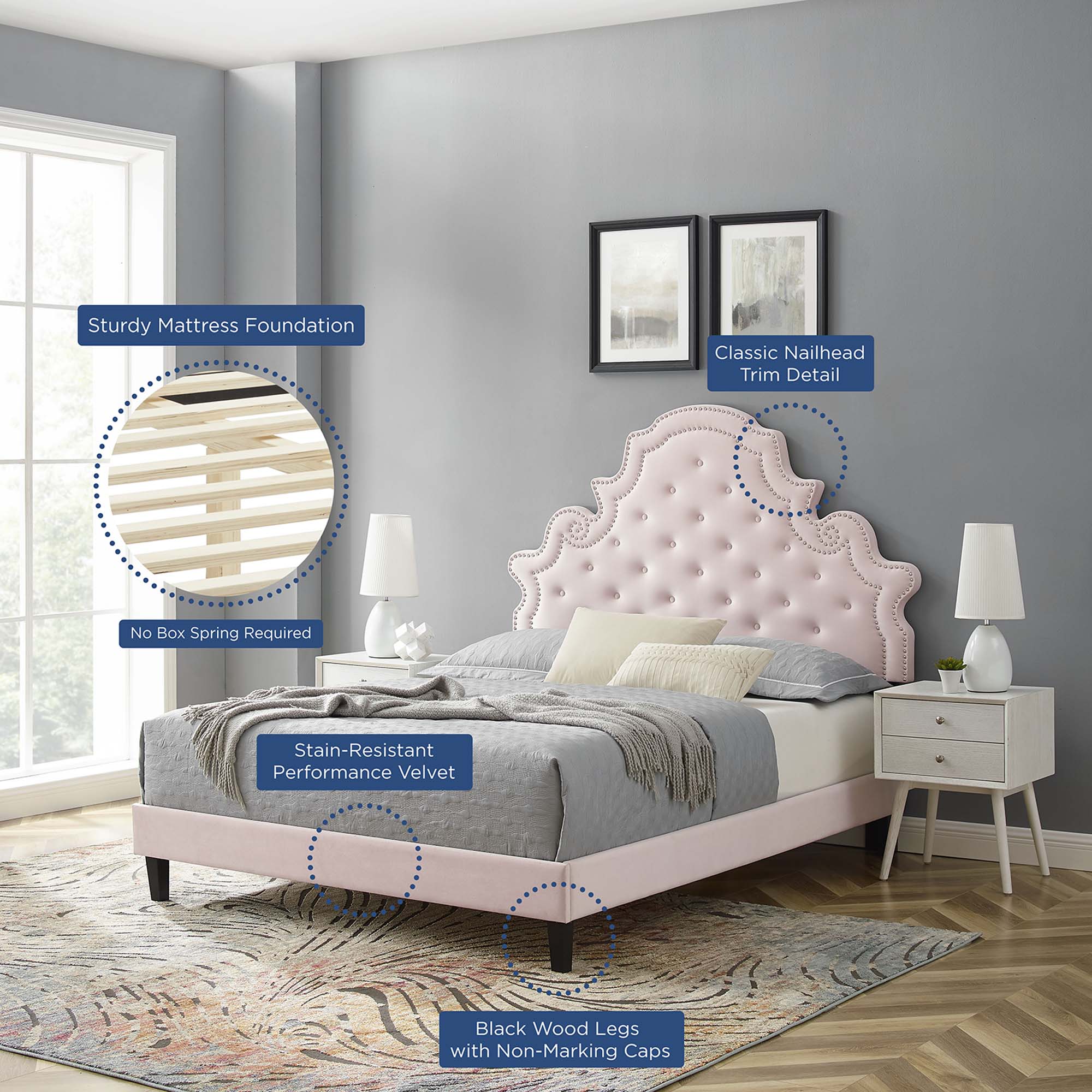 Gwyneth Tufted Performance Velvet Platform Bed With Black Wood Legs