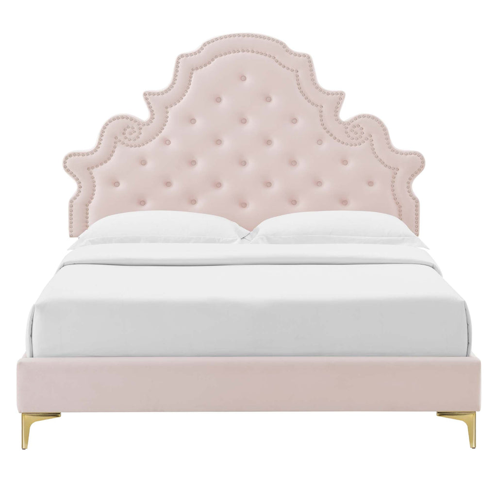 Gwyneth Tufted Performance Velvet Platform Bed With Gold Metal Legs