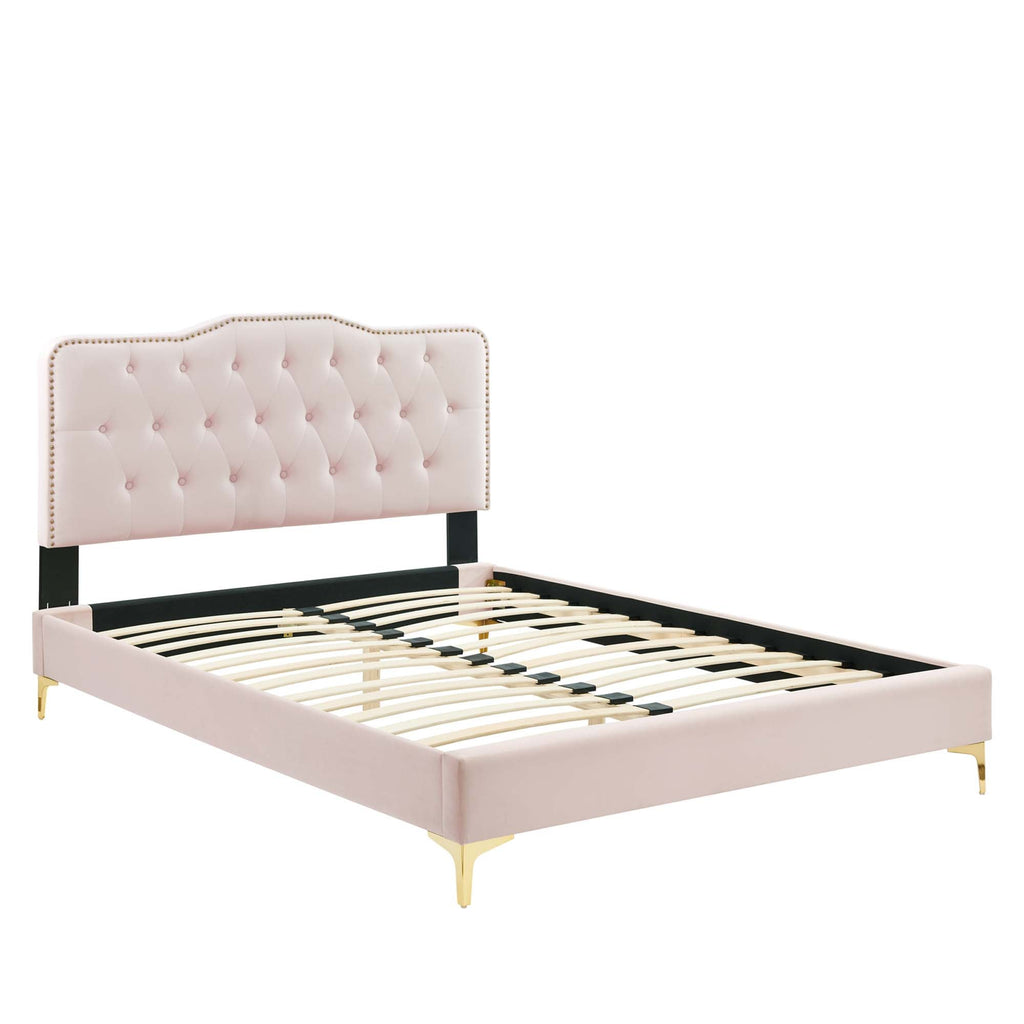 Amber Performance Velvet Platform Bed With Gold Legs