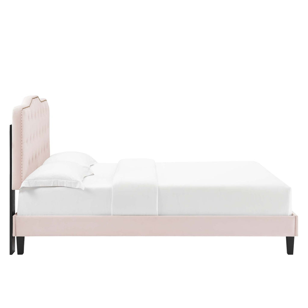 Amber Performance Velvet Platform Bed With Black Wood Legs