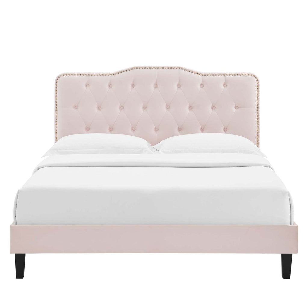 Amber Performance Velvet Platform Bed With Black Wood Legs