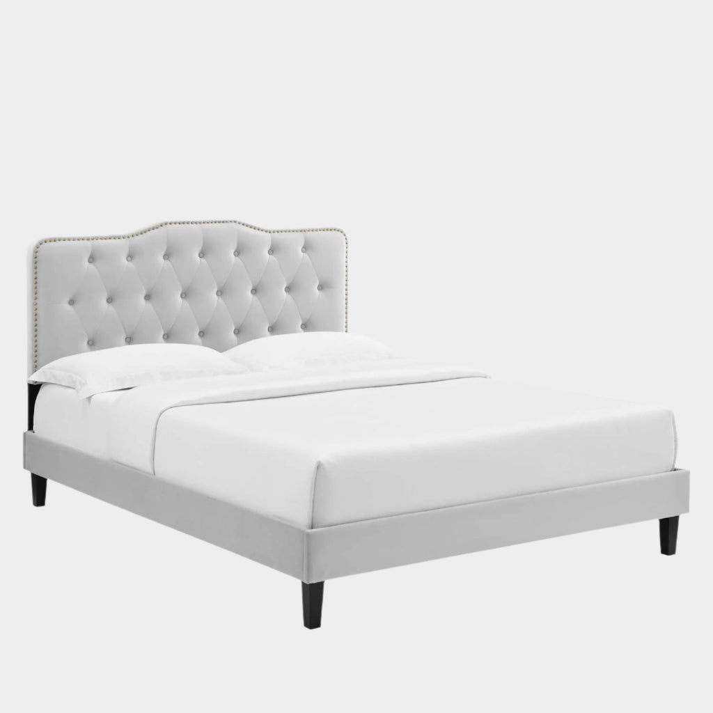 Amber Performance Velvet Platform Bed With Black Wood Legs