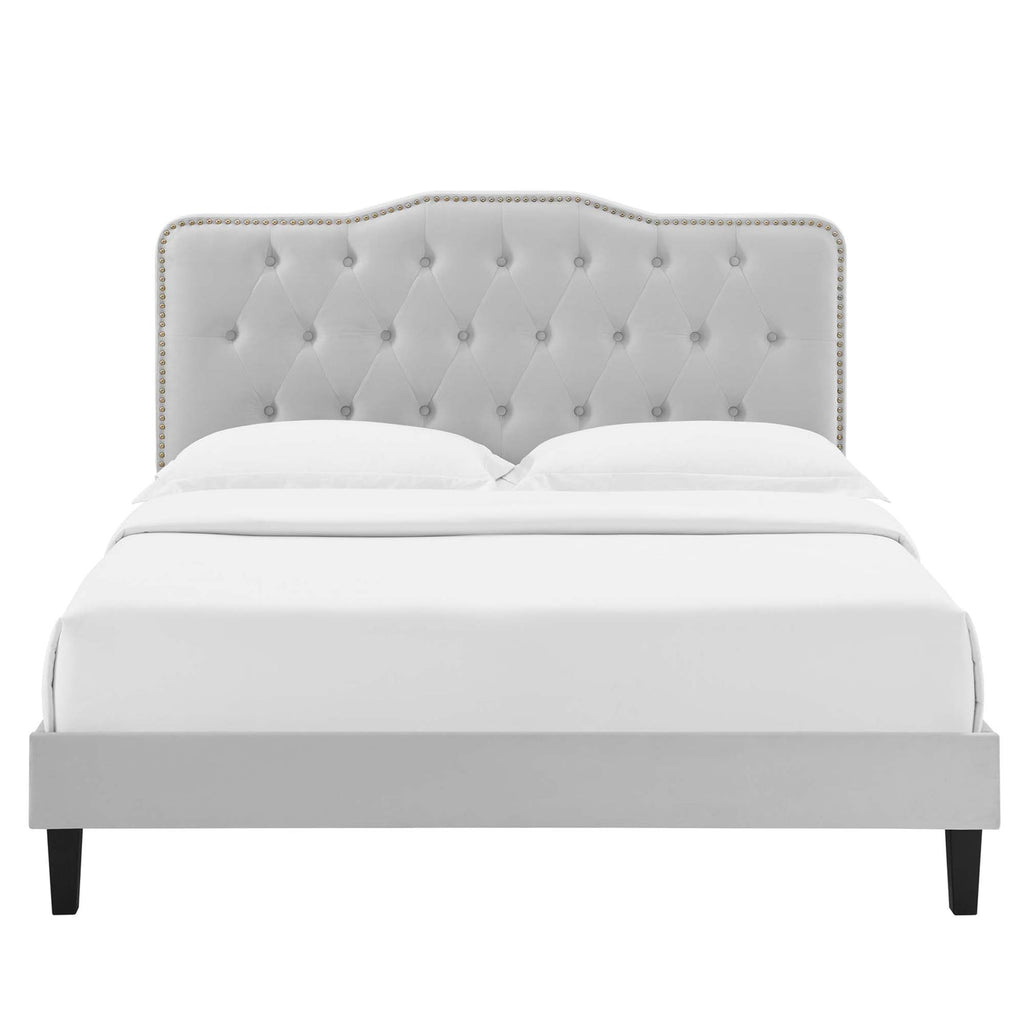 Amber Performance Velvet Platform Bed With Black Wood Legs