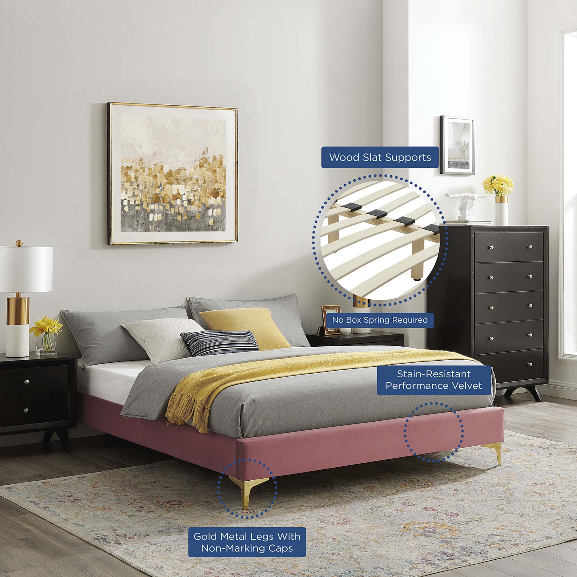 Liva Performance Velvet Bed With Gold Metal Legs