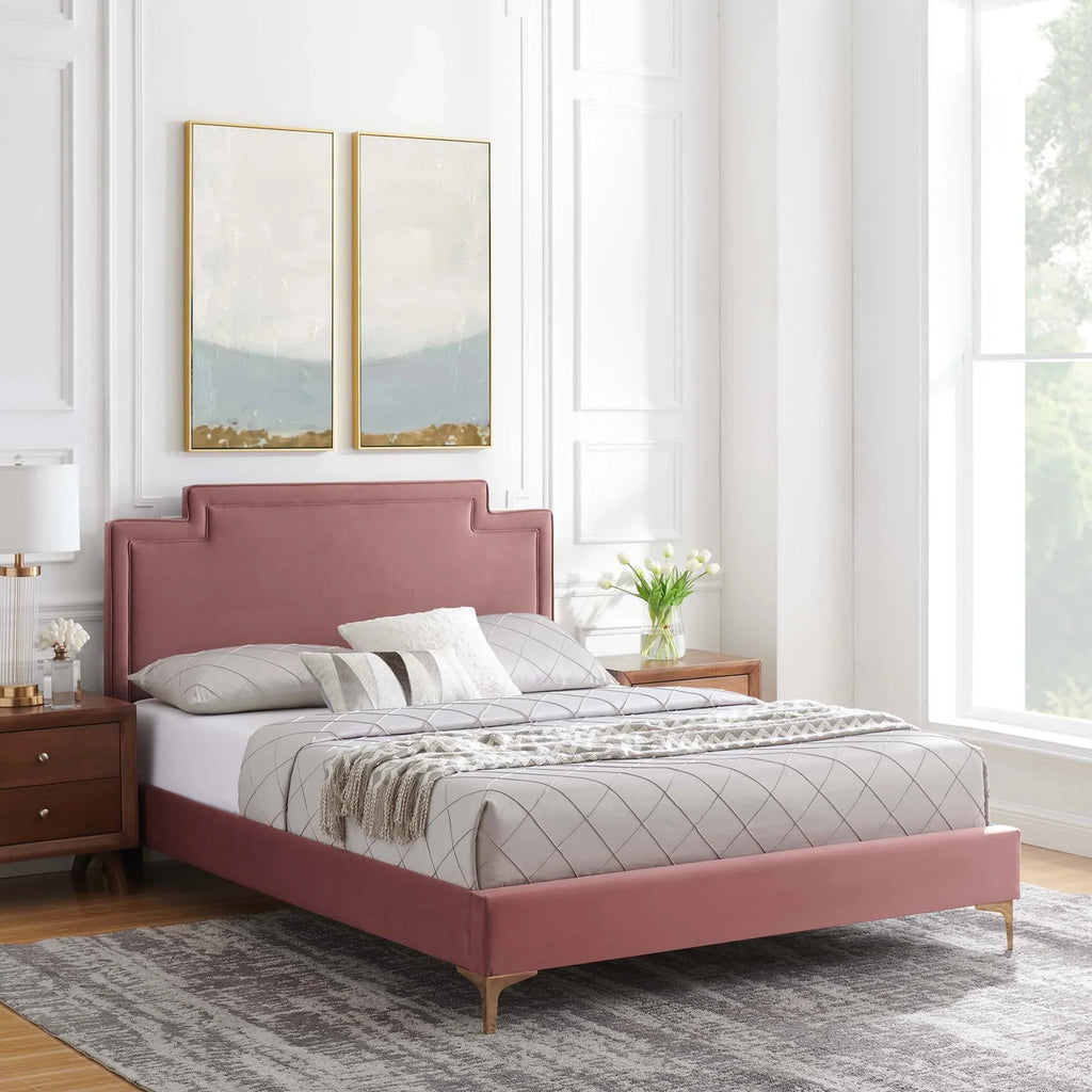 Liva Performance Velvet Bed With Gold Metal Legs
