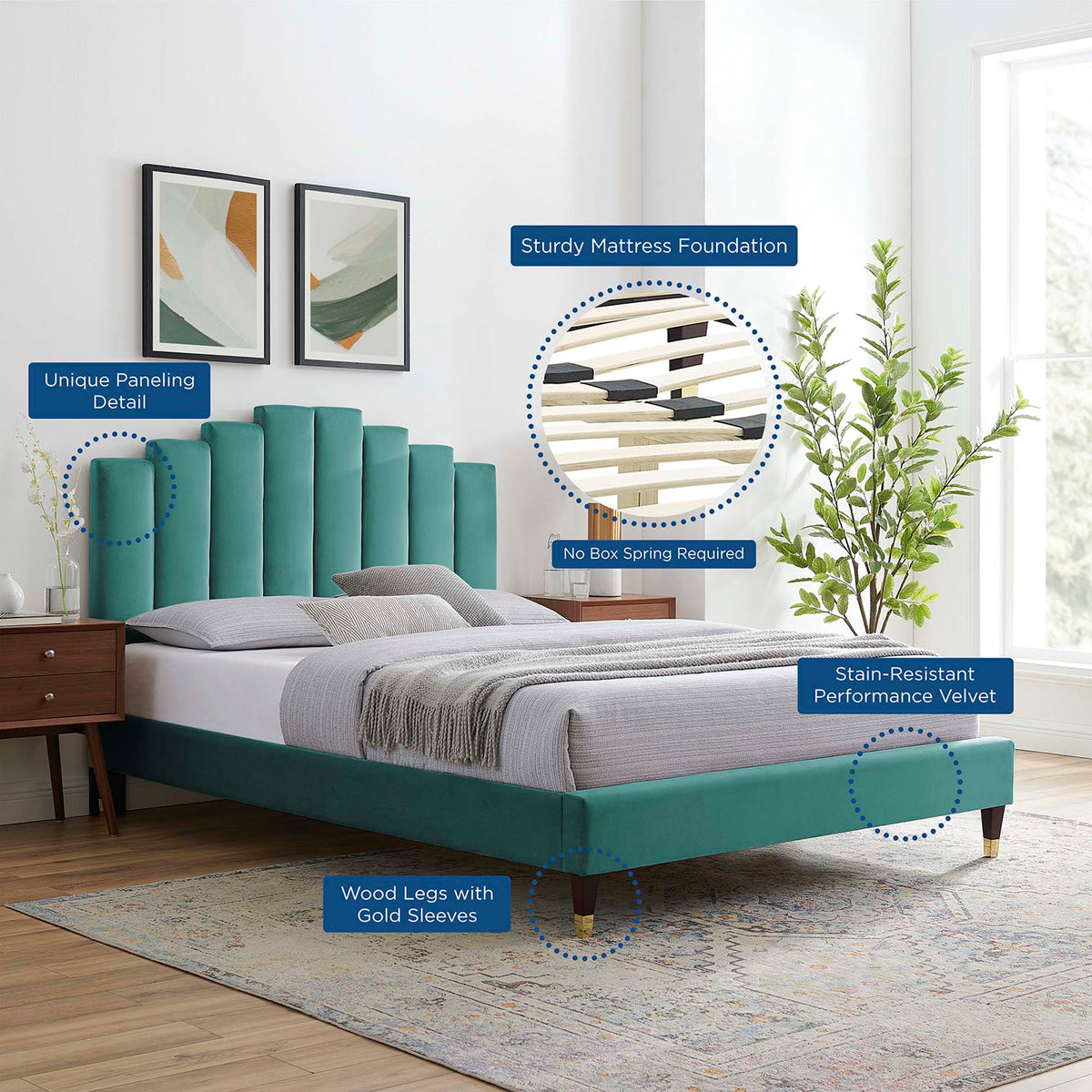 Elise Performance Velvet Platform Bed With Wood and Gold Legs