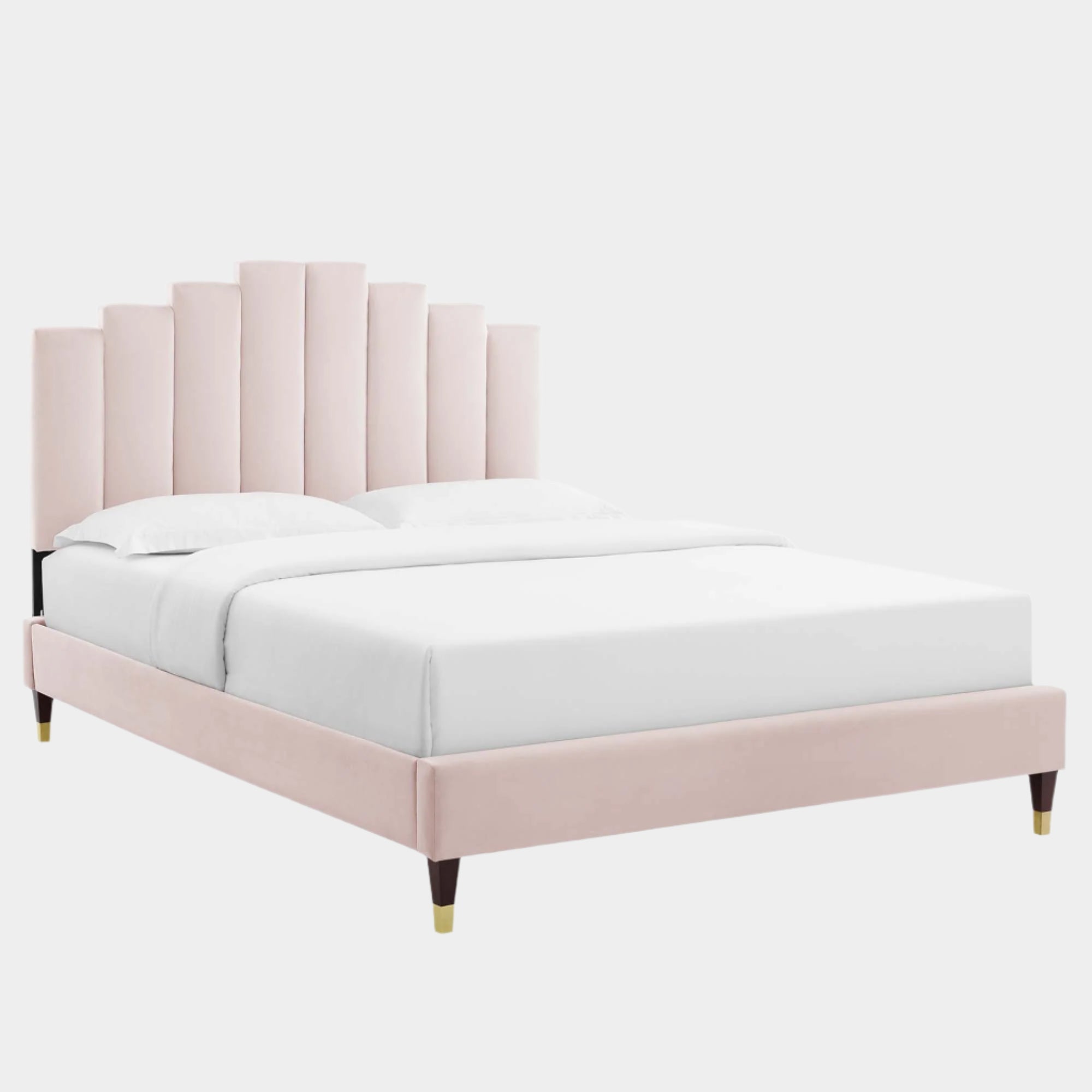 Elise Performance Velvet Platform Bed With Wood and Gold Legs