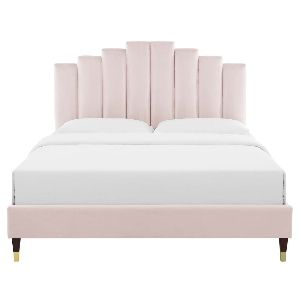 Elise Performance Velvet Platform Bed With Wood and Gold Legs