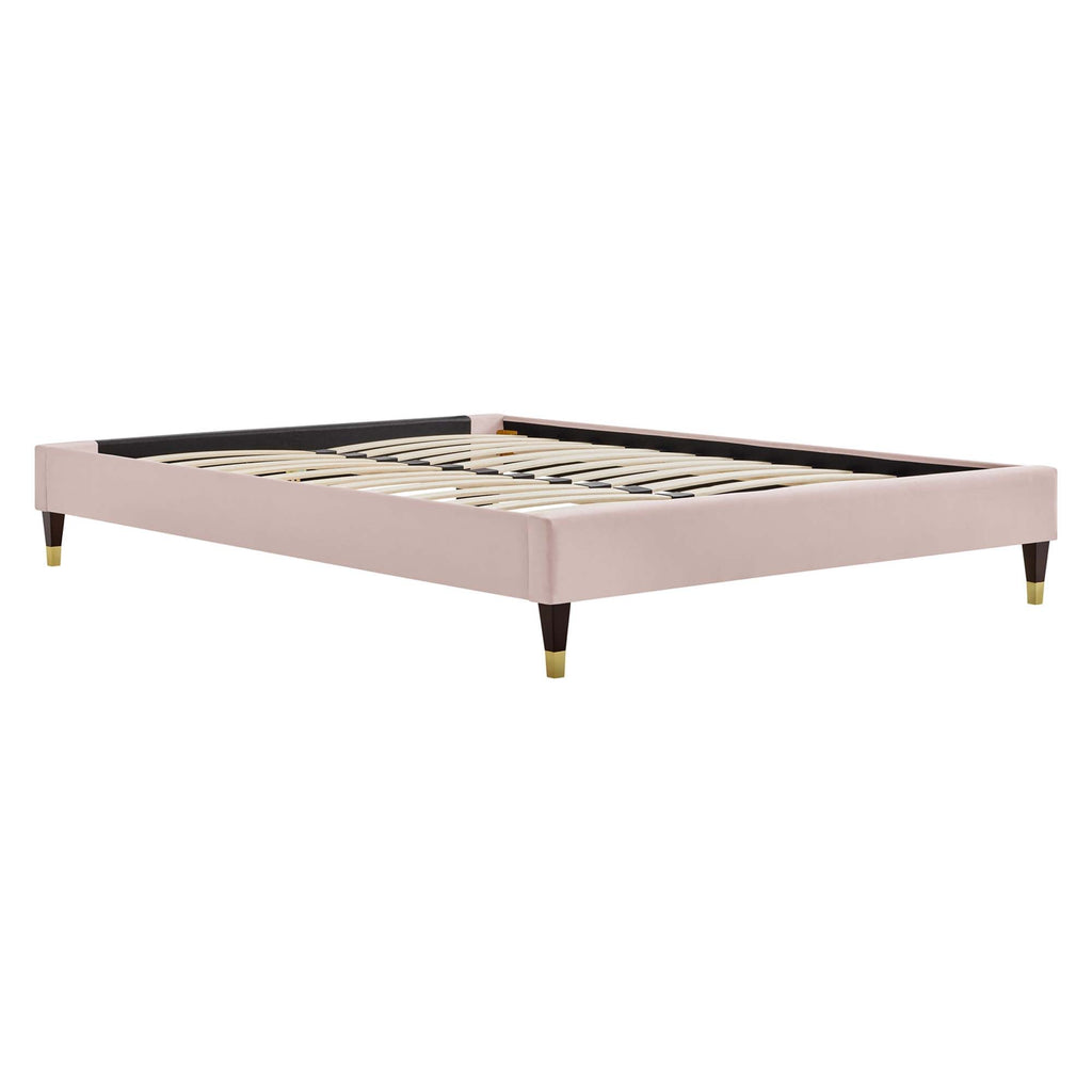 Elise Performance Velvet Platform Bed With Wood and Gold Legs