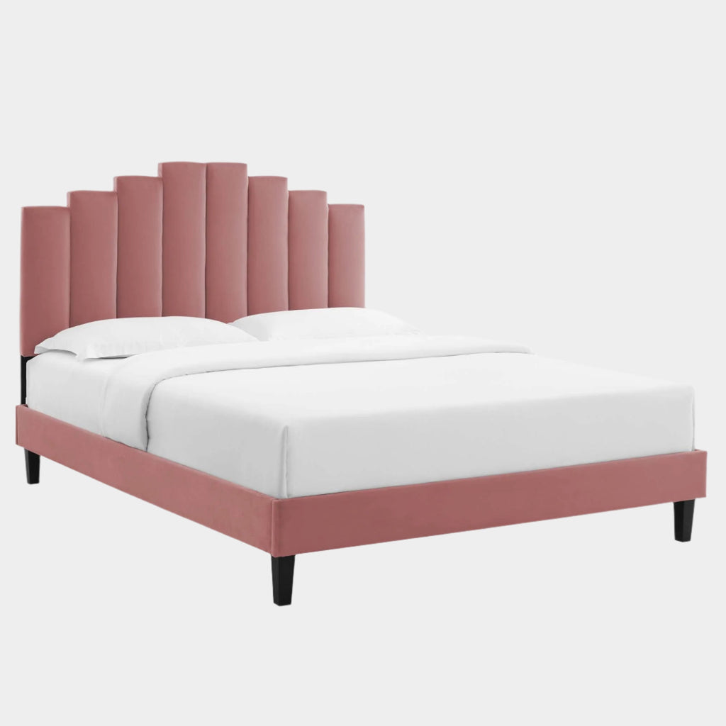 Elise Performance Velvet Platform Bed With Black Wood Legs