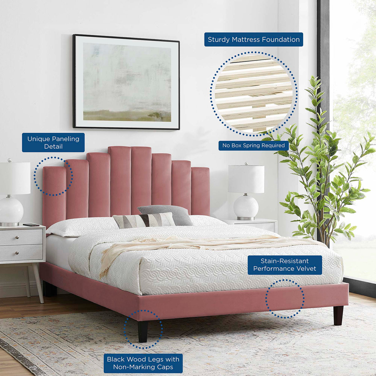 Elise Performance Velvet Platform Bed With Black Wood Legs