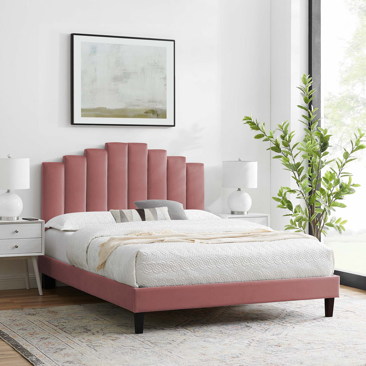 Elise Performance Velvet Platform Bed With Black Wood Legs