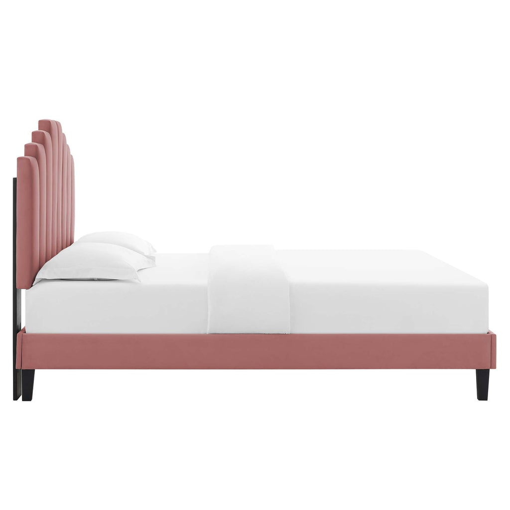 Elise Performance Velvet Platform Bed With Black Wood Legs