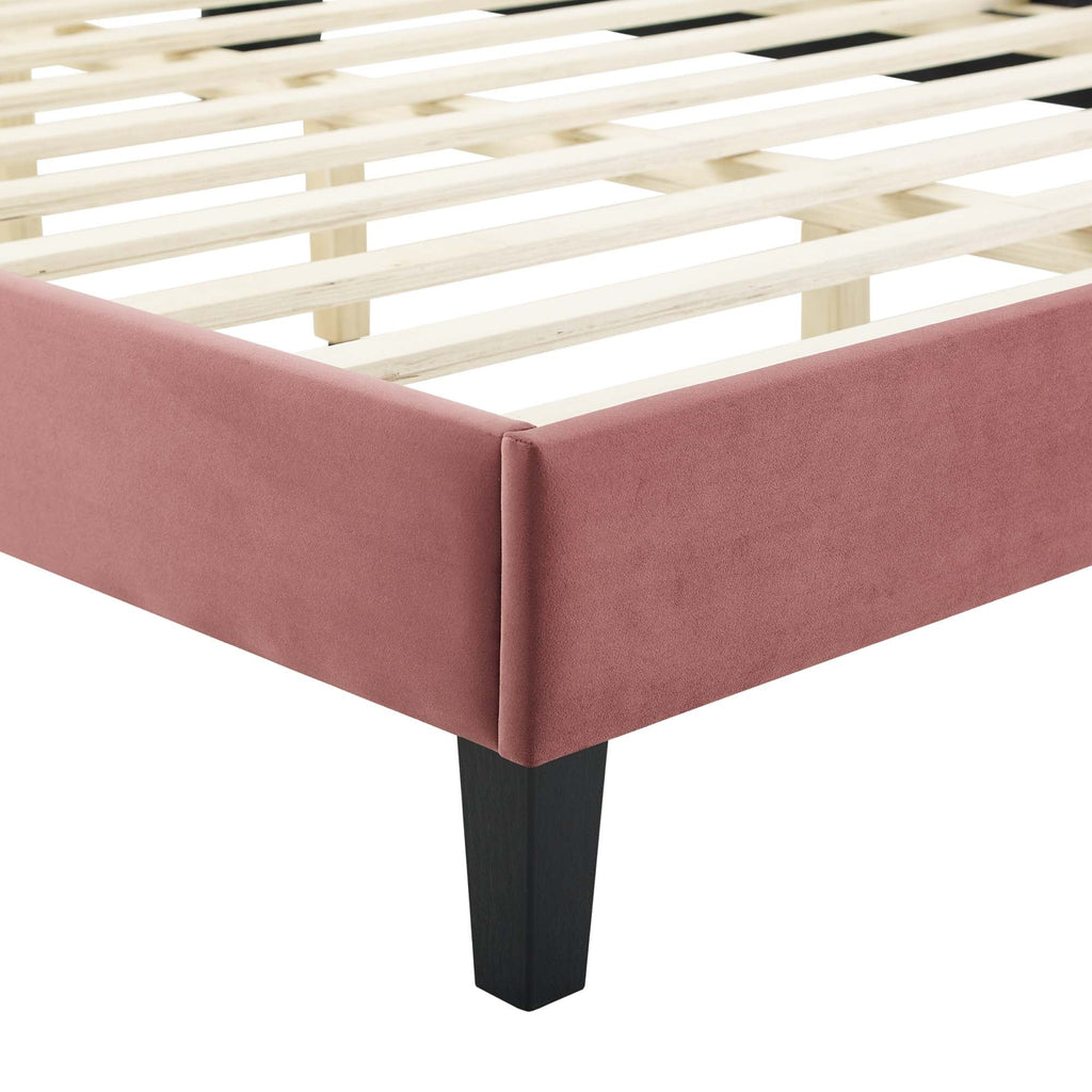Elise Performance Velvet Platform Bed With Black Wood Legs