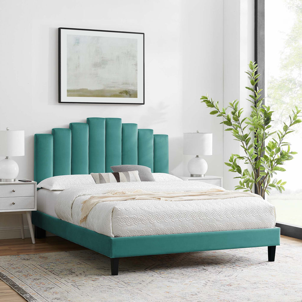 Elise Performance Velvet Platform Bed With Black Wood Legs