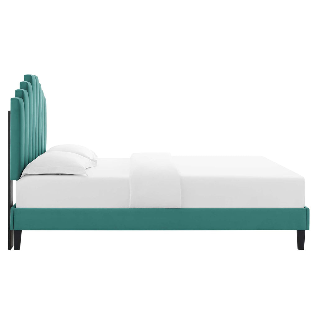 Elise Performance Velvet Platform Bed With Black Wood Legs