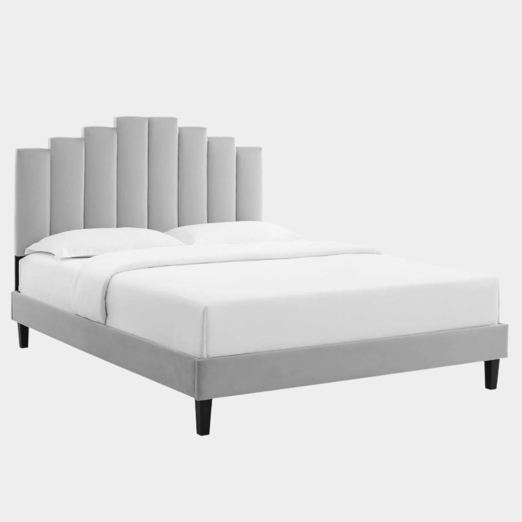 Elise Performance Velvet Platform Bed With Black Wood Legs