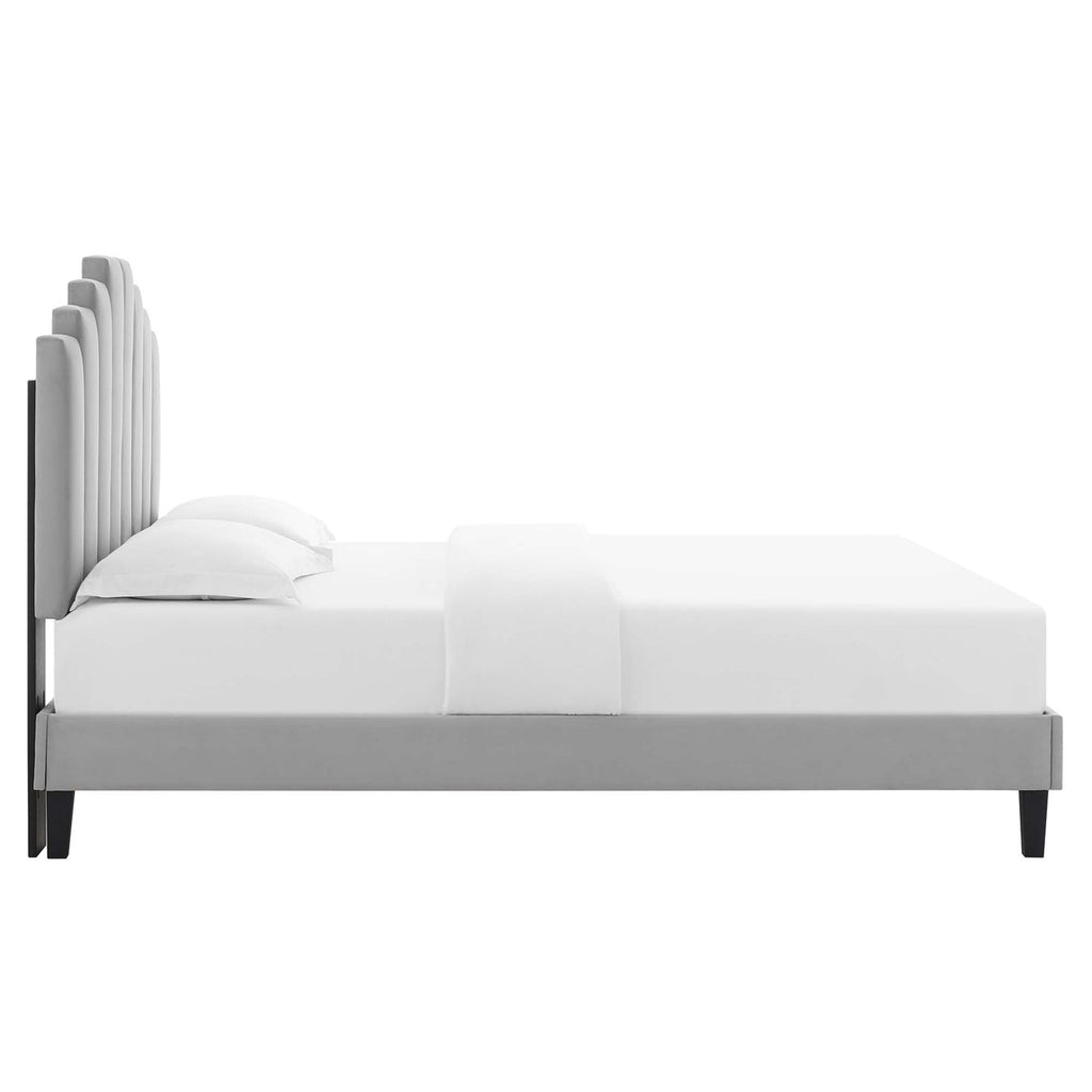 Elise Performance Velvet Platform Bed With Black Wood Legs