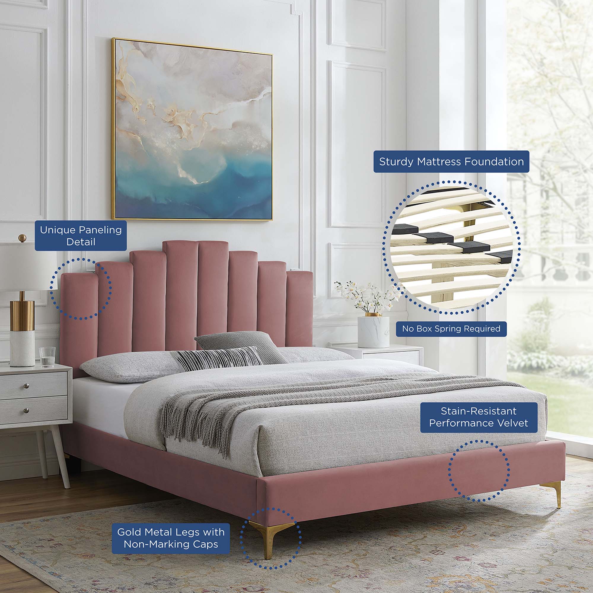 Elise Performance Velvet Platform Bed With Gold Metal Legs
