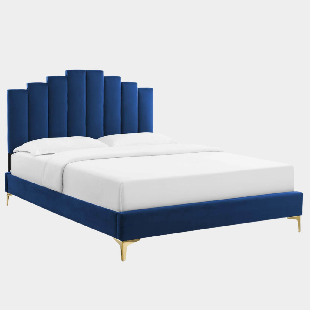 Elise Performance Velvet Platform Bed With Gold Metal Legs