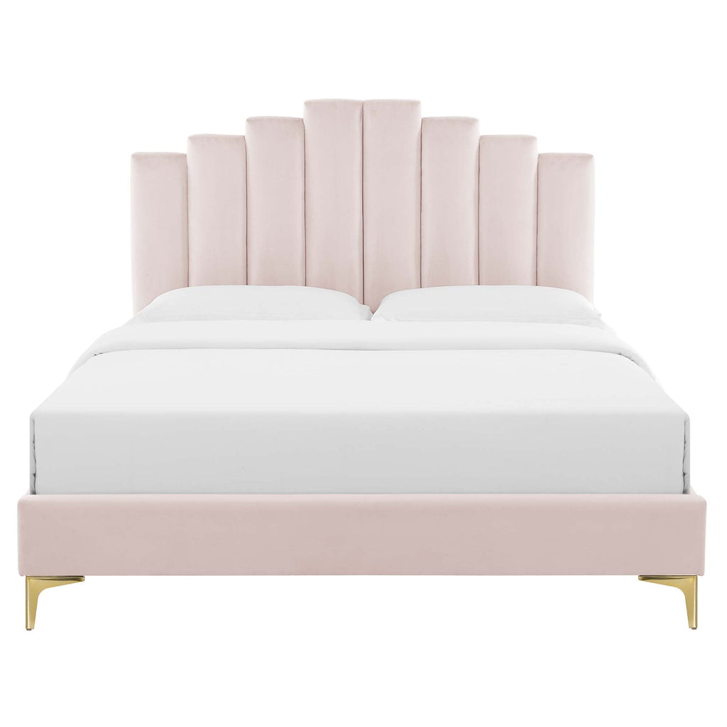 Elise Performance Velvet Platform Bed With Gold Metal Legs