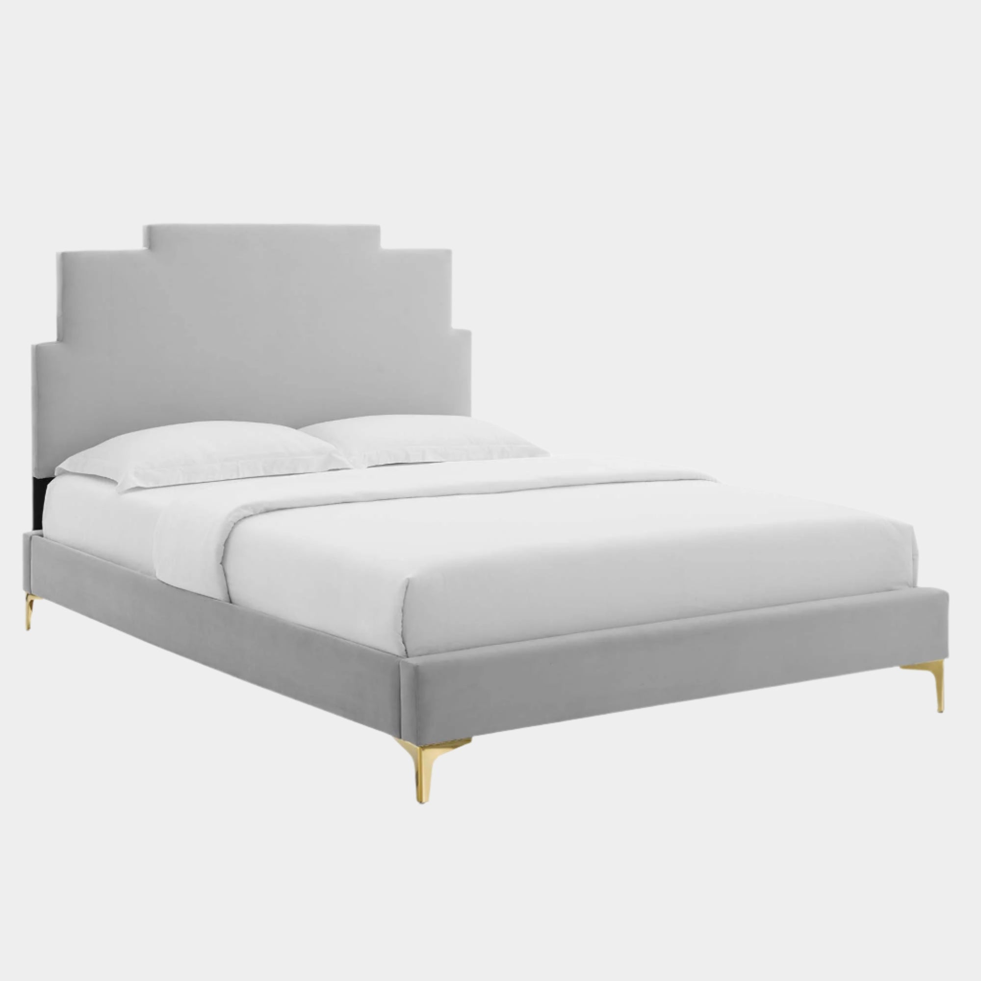 Lindsey Performance Velvet Platform Bed With Gold Metal Legs