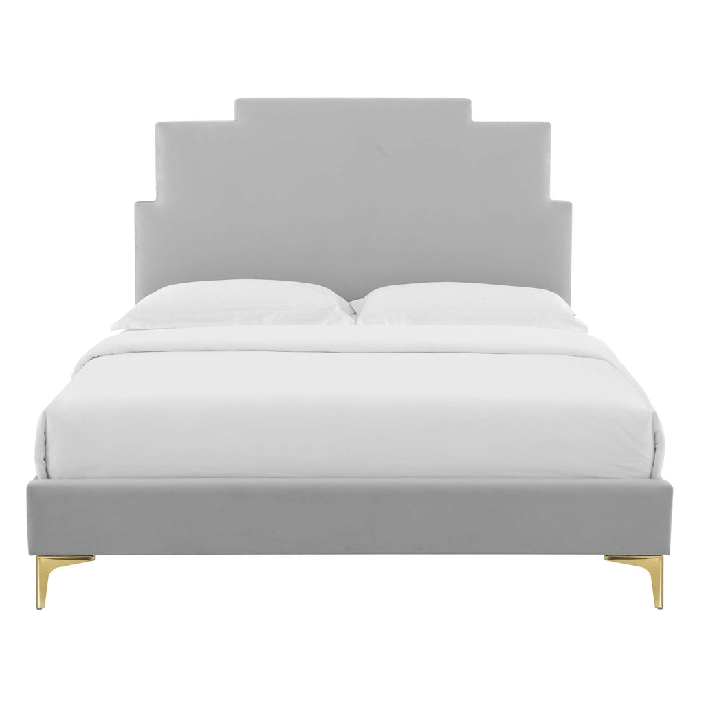 Lindsey Performance Velvet Platform Bed With Gold Metal Legs
