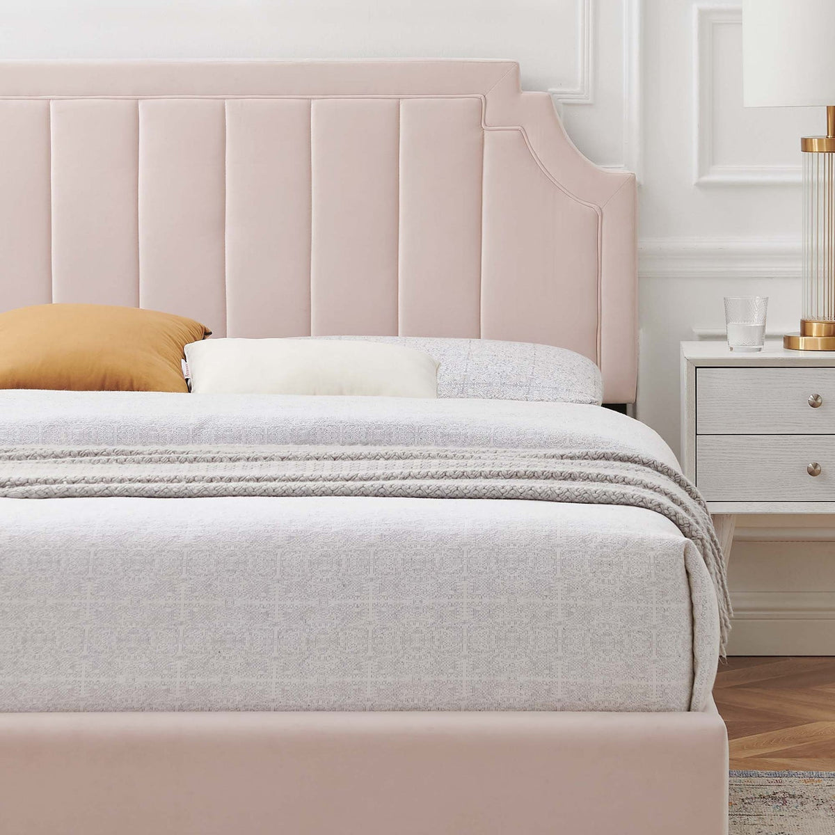 Sienna Performance Velvet Platform Bed With Gold Metal Legs