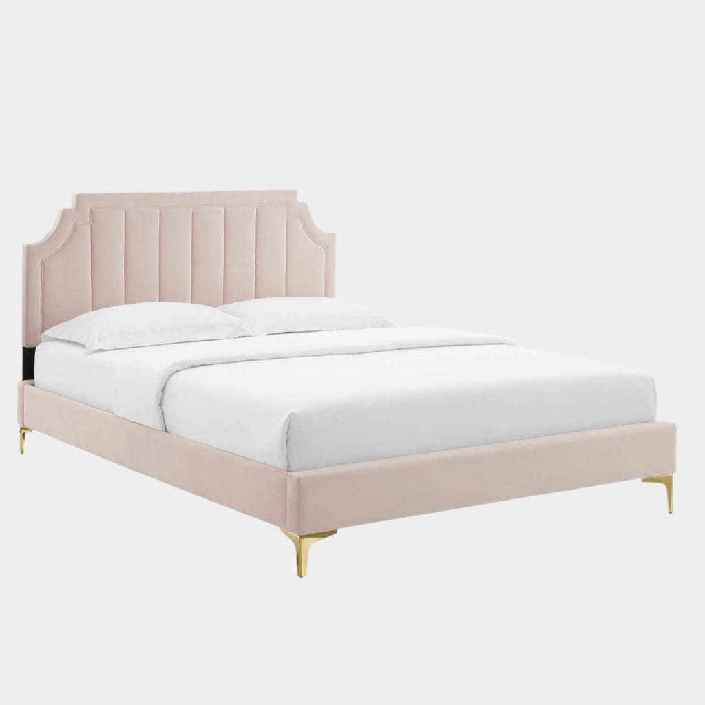 Sienna Performance Velvet Platform Bed With Gold Metal Legs