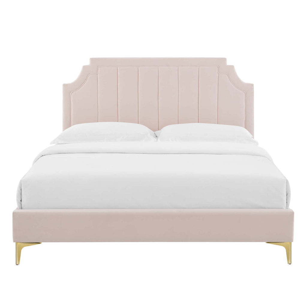 Sienna Performance Velvet Platform Bed With Gold Metal Legs