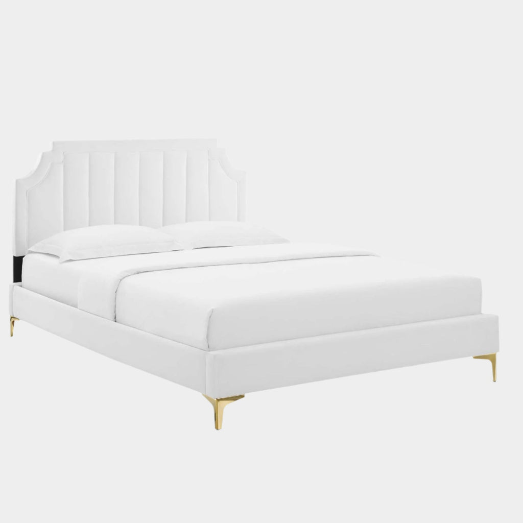 Sienna Performance Velvet Platform Bed With Gold Metal Legs