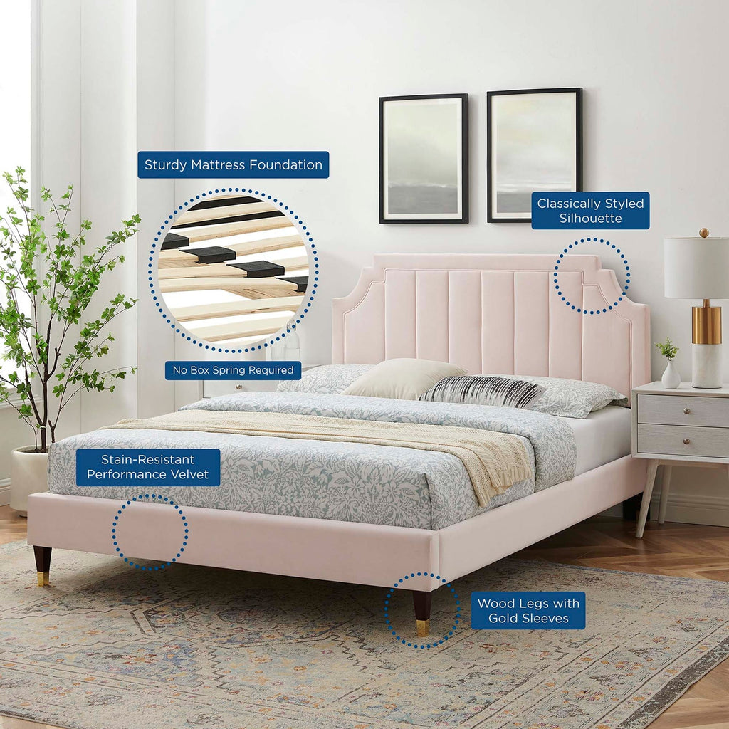 Sienna Performance Velvet Platform Bed With Wood and Gold Legs