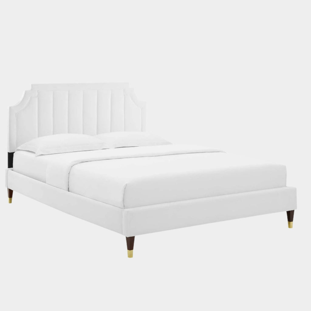 Sienna Performance Velvet Platform Bed With Wood and Gold Legs