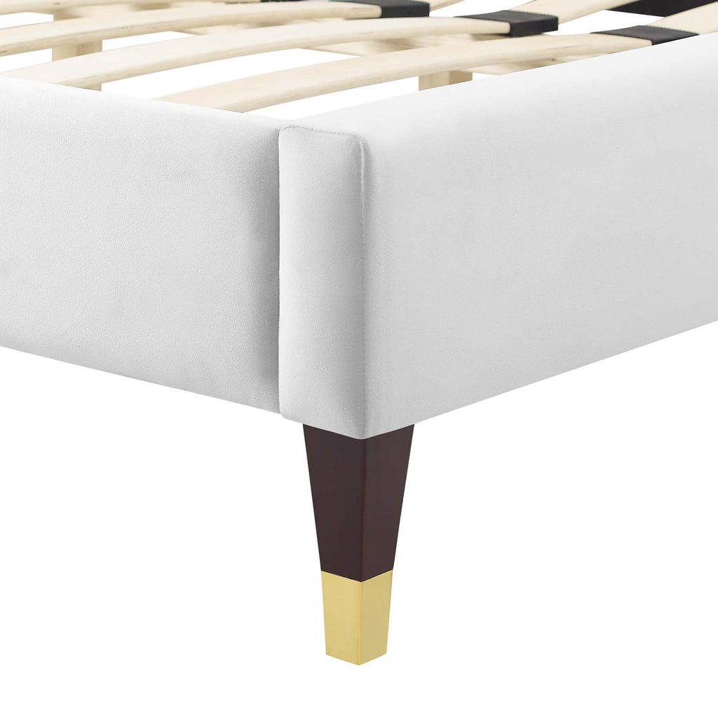 Sienna Performance Velvet Platform Bed With Wood and Gold Legs