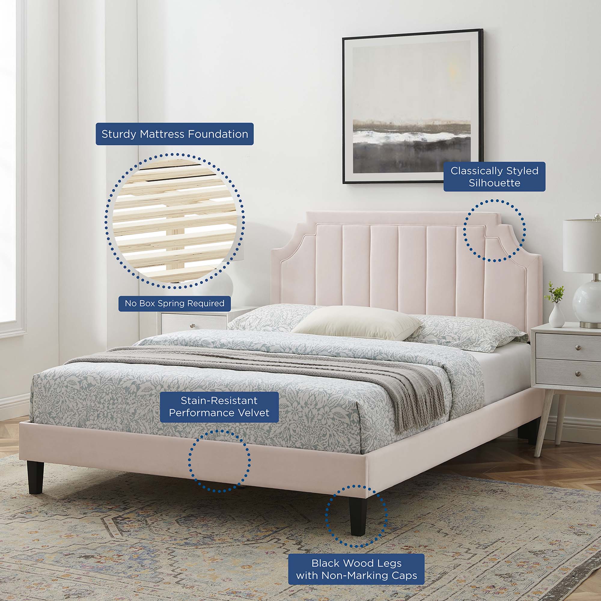 Sienna Performance Velvet Platform Bed With Black Wood Legs