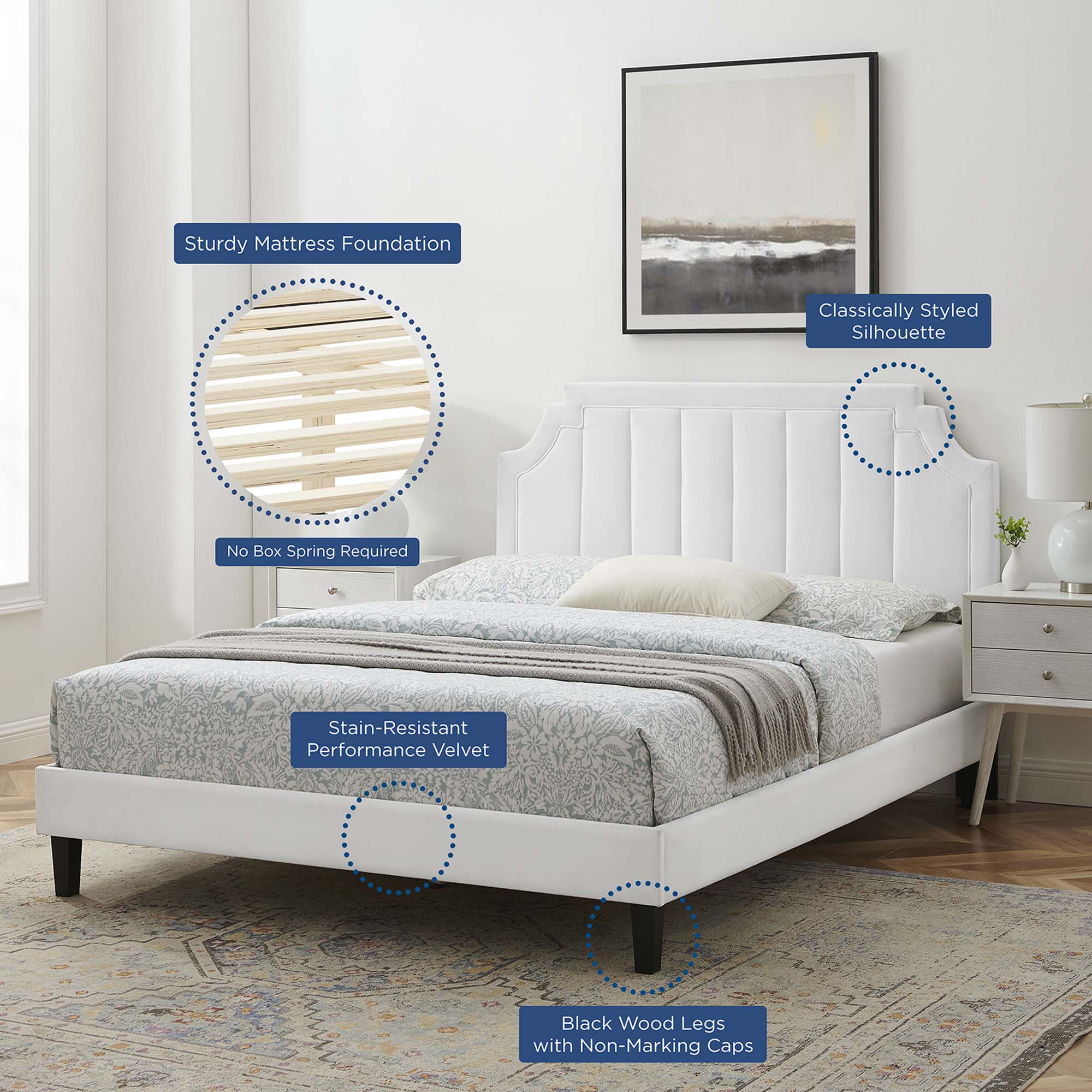Sienna Performance Velvet Platform Bed With Black Wood Legs