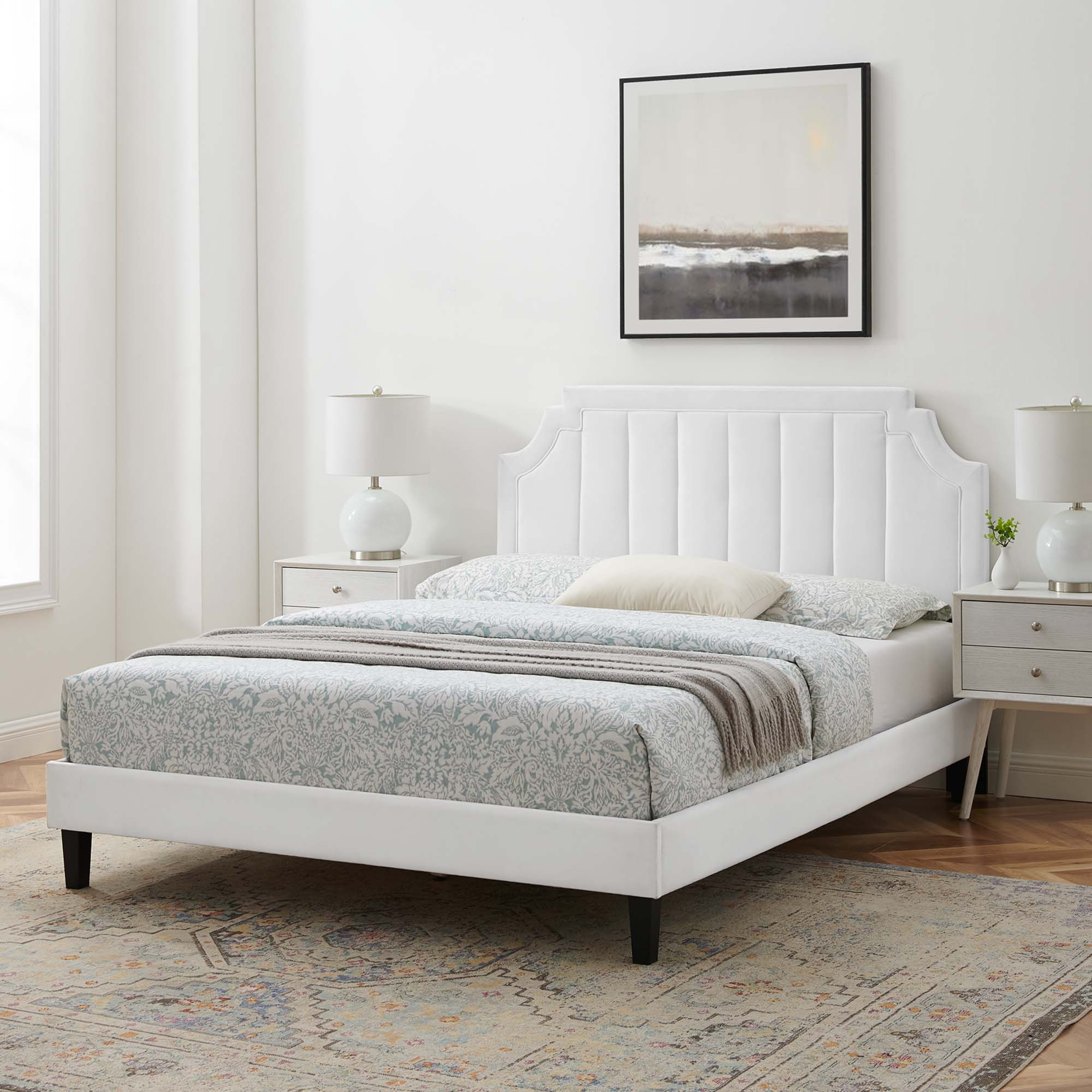 Sienna Performance Velvet Platform Bed With Black Wood Legs