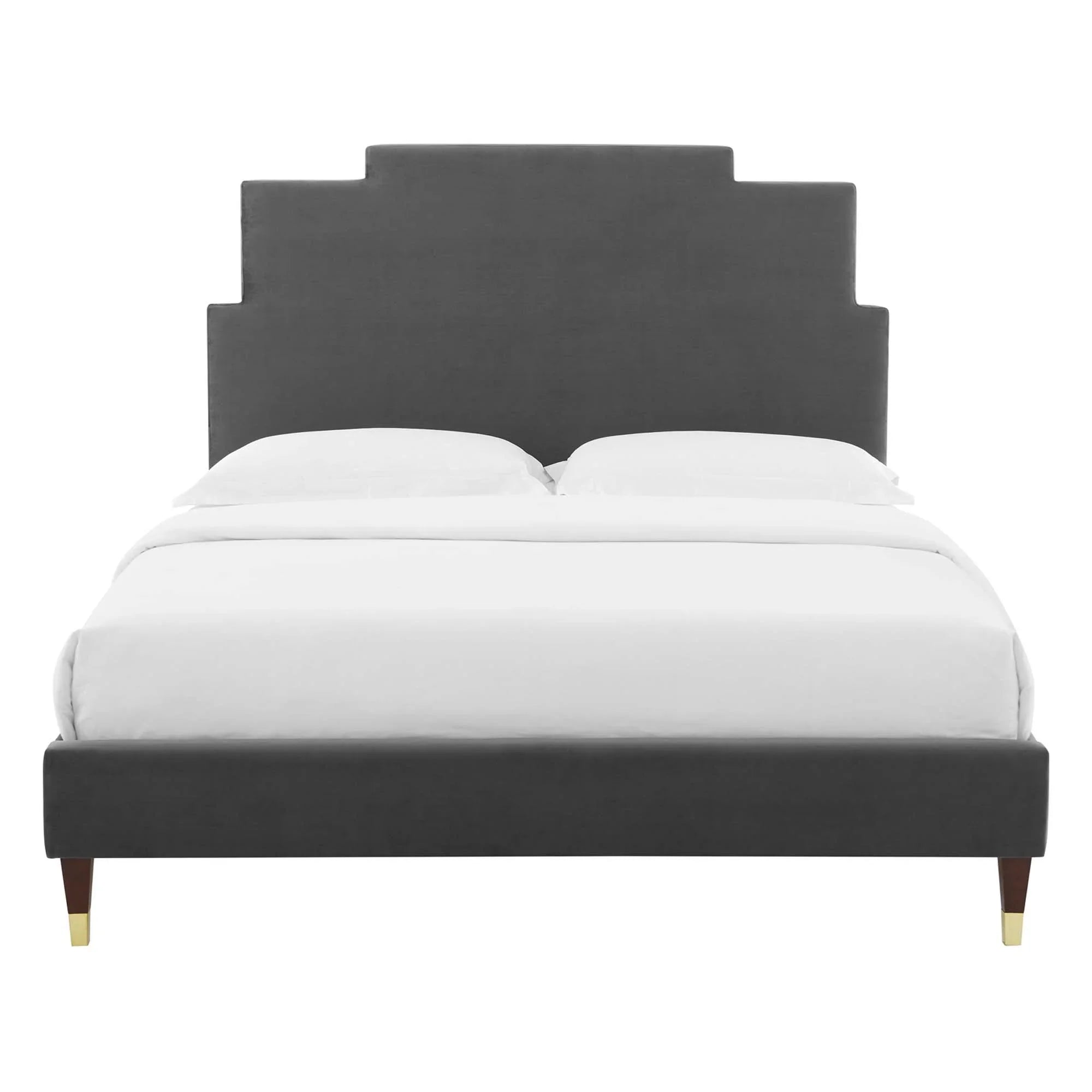 Lindsey Performance Velvet Platform Bed With Wood and Gold Legs