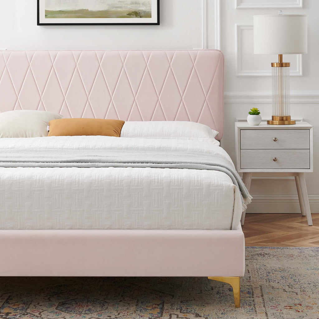 Phillipa Performance Velvet Platform Bed With Gold Metal Legs