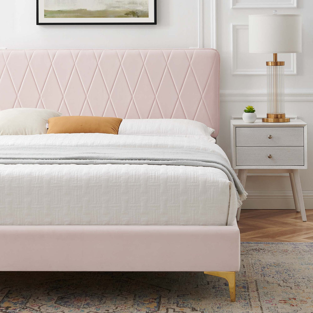 Phillipa Performance Velvet Platform Bed With Gold Metal Legs
