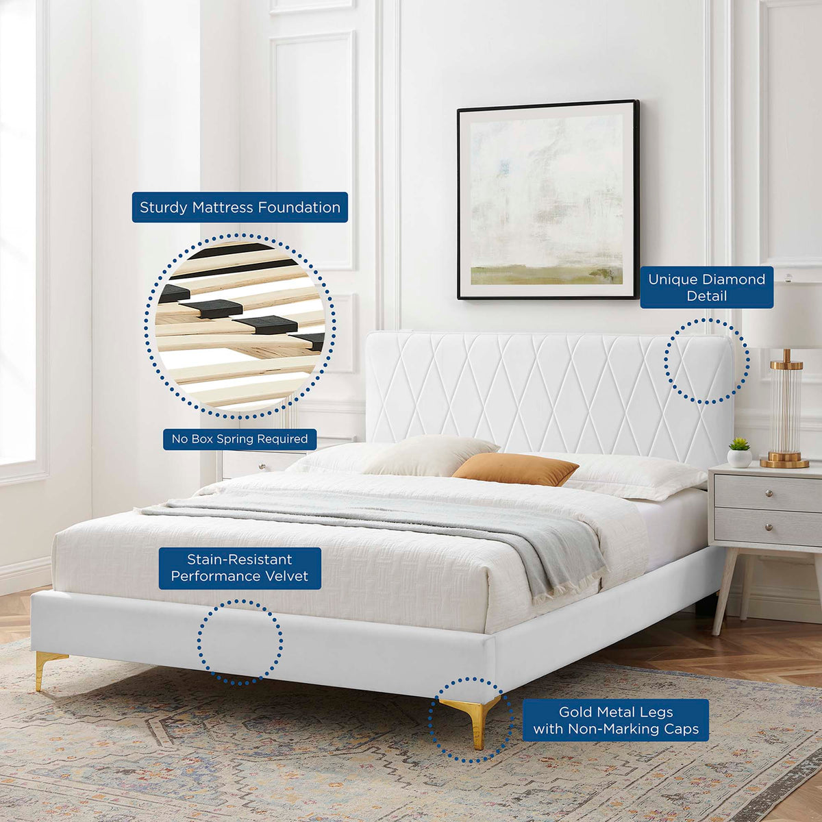 Phillipa Performance Velvet Platform Bed With Gold Metal Legs