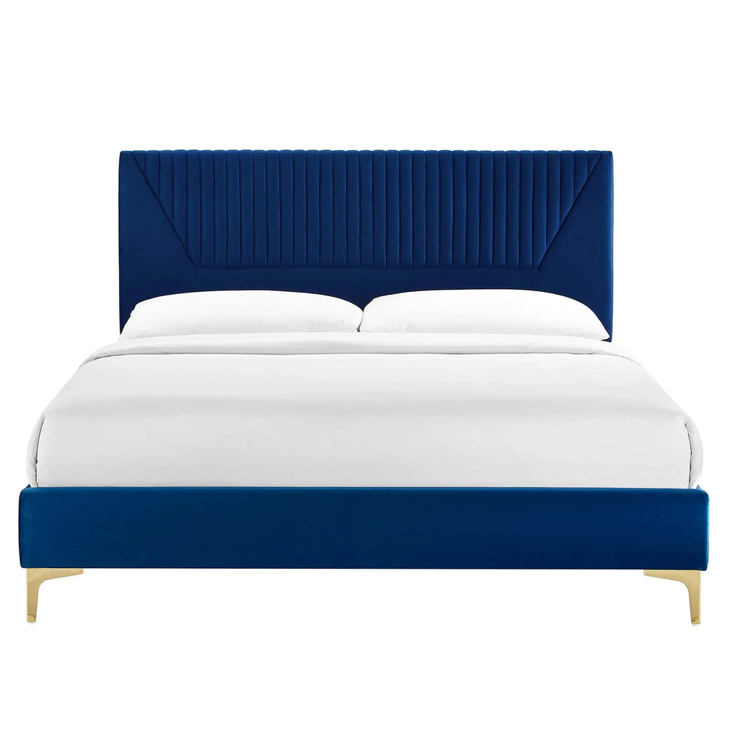 Yasmine Channel Tufted Performance Velvet Platform Bed With Gold Metal Legs