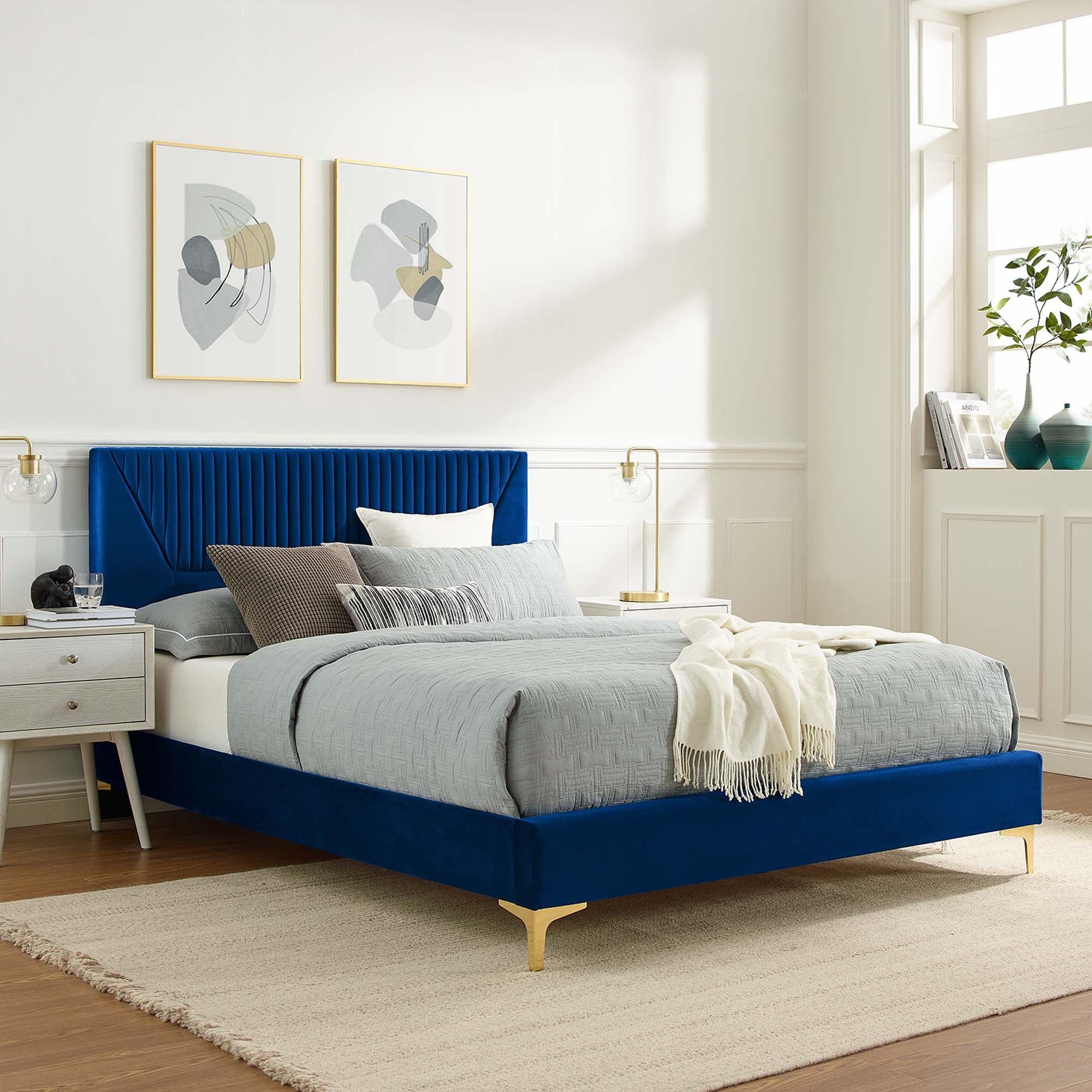 Sienna Performance Velvet Platform Bed With Black Wood Legs