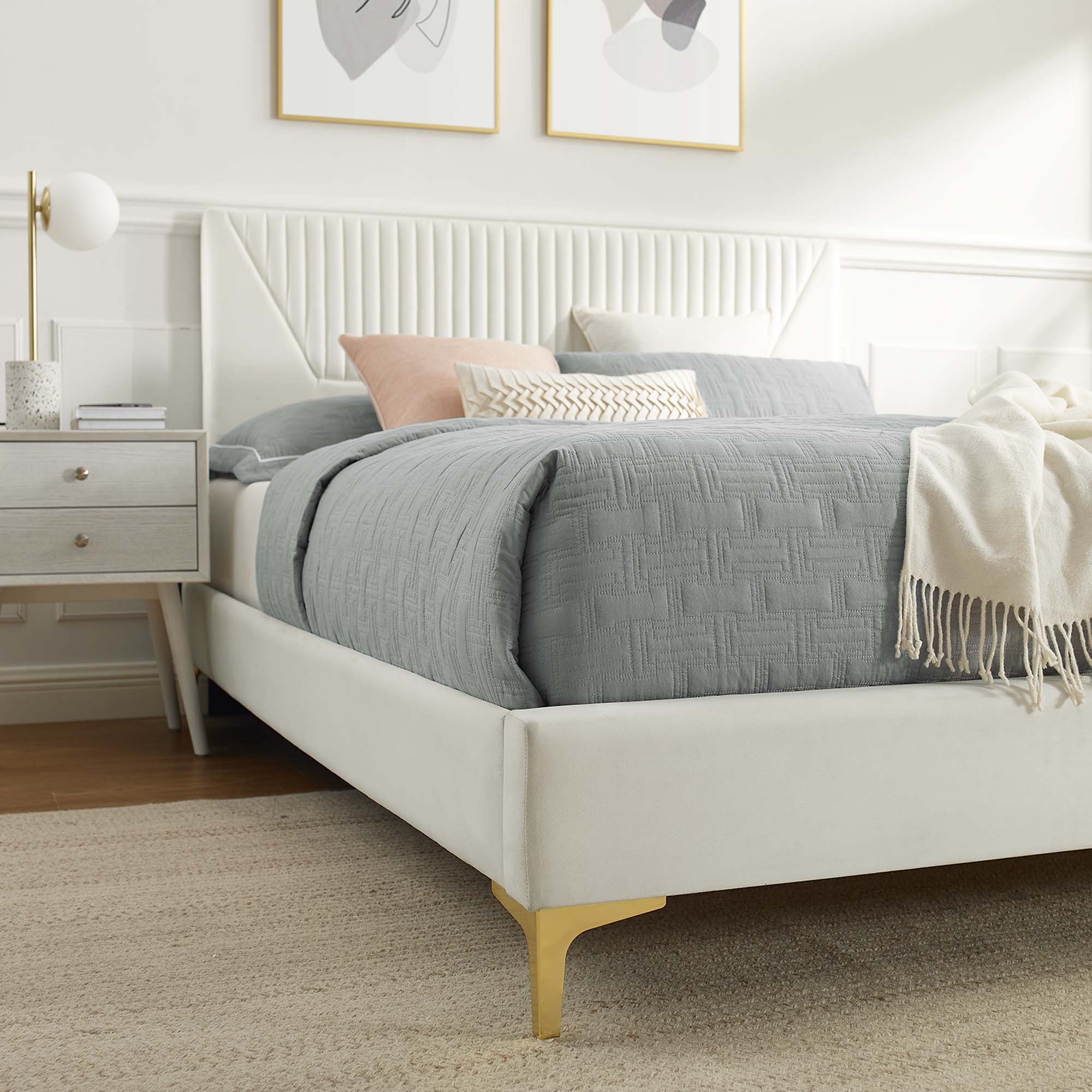 Sienna Performance Velvet Platform Bed With Black Wood Legs