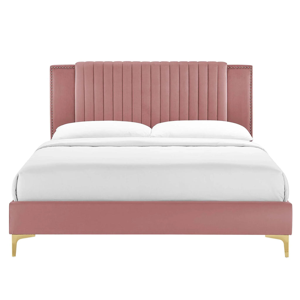Zahra Channel Tufted Performance Velvet Platform Bed With Gold Metal Legs