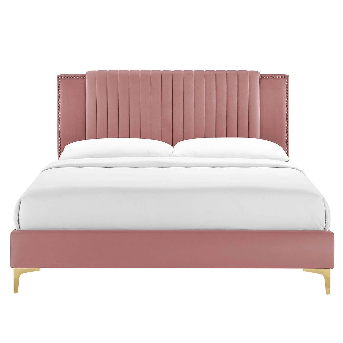 Zahra Channel Tufted Performance Velvet Platform Bed With Gold Metal Legs