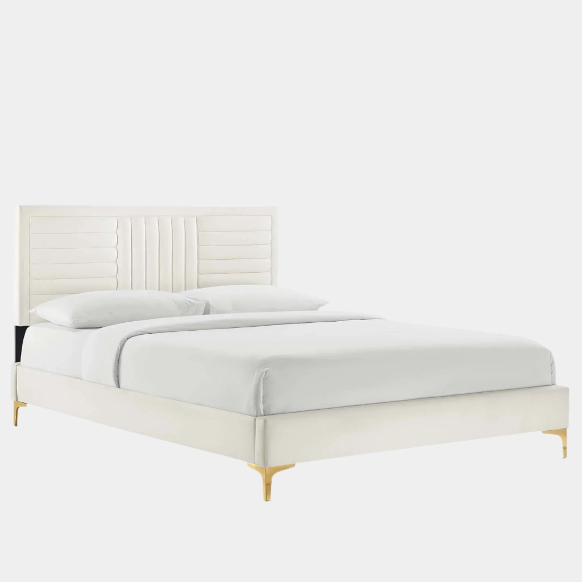 Sofia Channel Tufted Performance Velvet Platform Bed With Gold Metal Legs