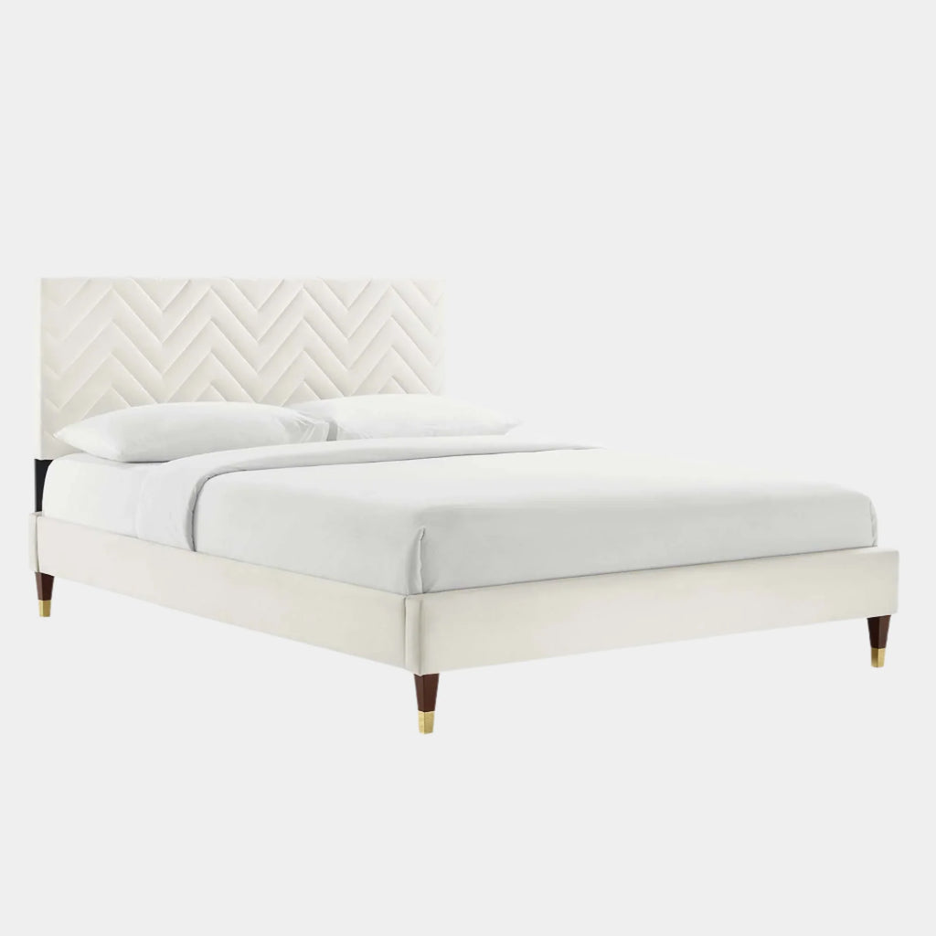 Leah Chevron Tufted Performance Velvet Platform Bed With Wood and Gold Legs