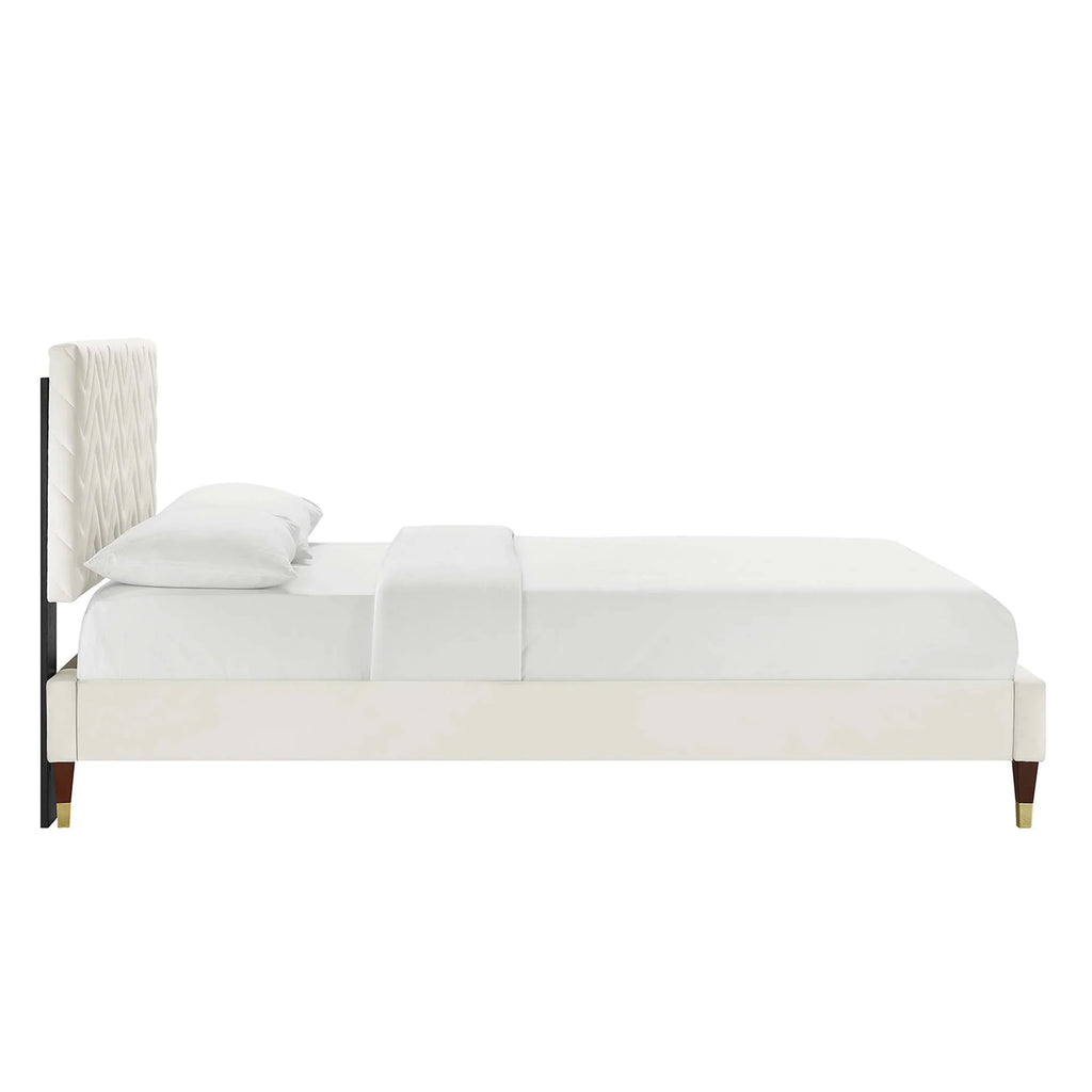 Leah Chevron Tufted Performance Velvet Platform Bed With Wood and Gold Legs