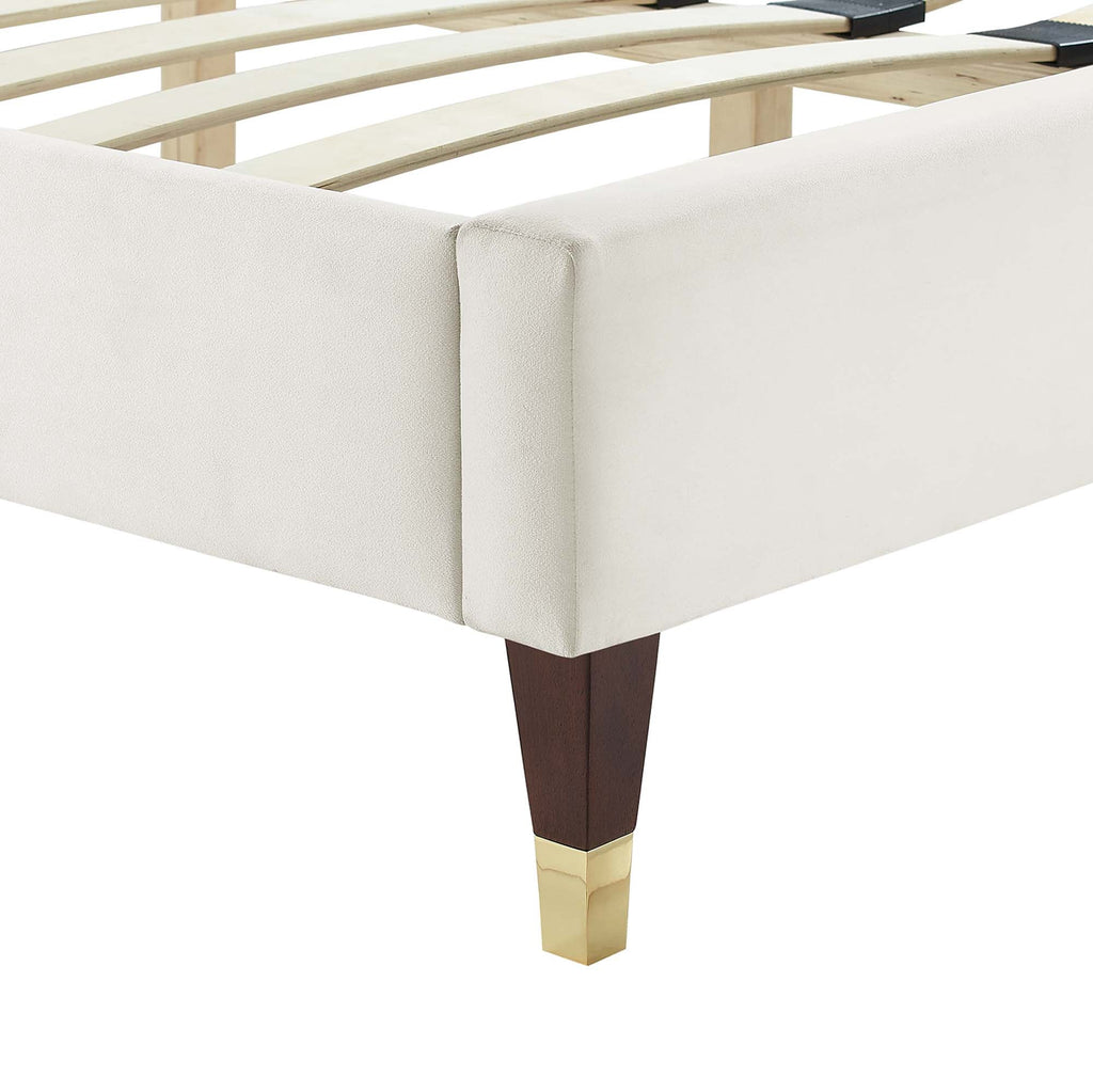 Leah Chevron Tufted Performance Velvet Platform Bed With Wood and Gold Legs
